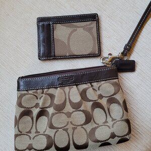 Coach brown wristlet and matching card holder/wallet